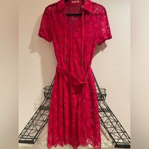 Fuchsia pink collared lace belted dress